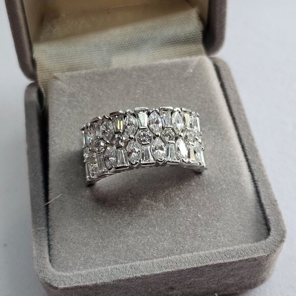 Sterling Silver Cubic Zirconia Statement Ring Size 9 Wide Band Design Elegant - Picture 1 of 8
